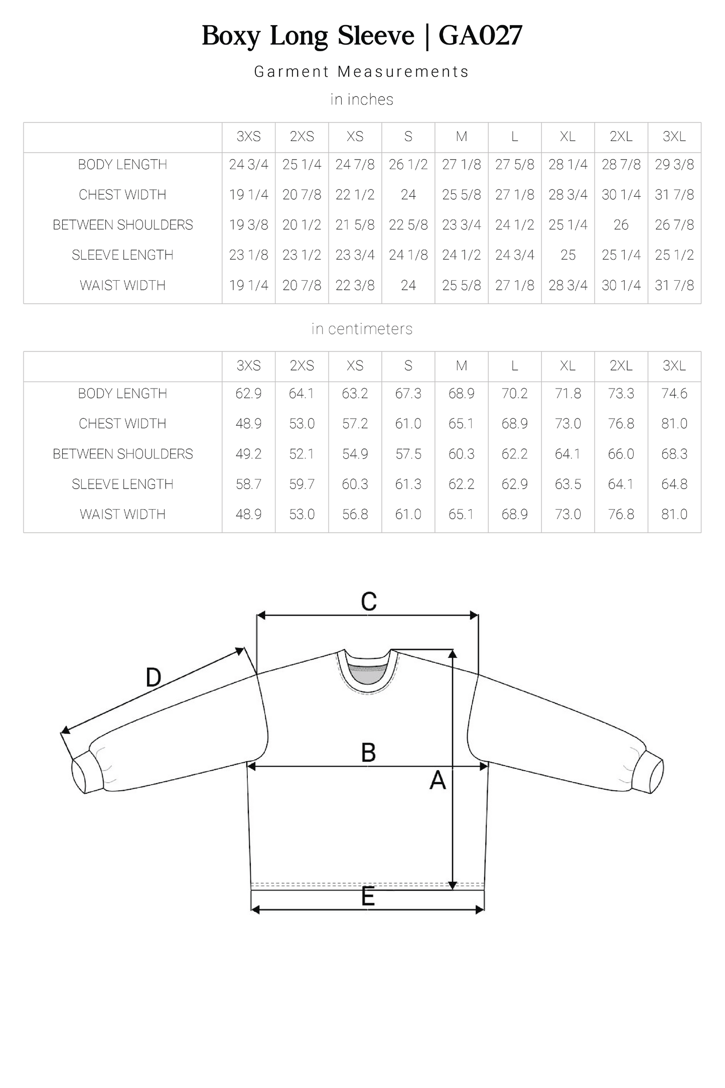 Boxy Long Sleeve Sizing Chart