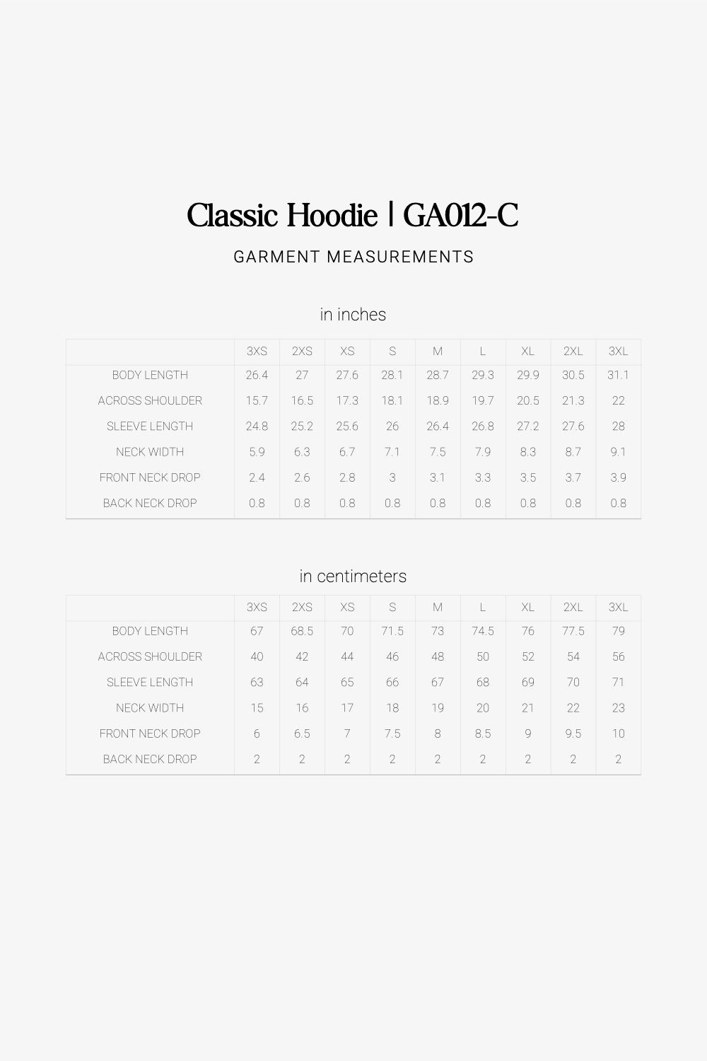Measurement chart for a classic hoodie with dimensions in both inches and centimeters.