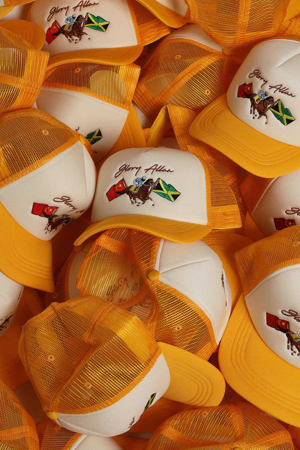 Full Frame of Yellow Trucker Hats