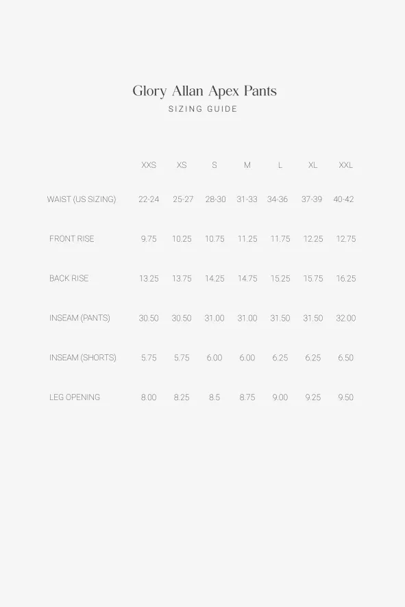 Sizing guide for Glory Allan Apex Pants on a white background
