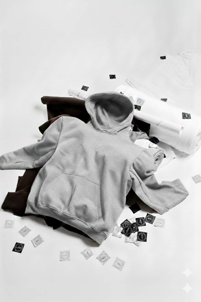 Grey hoodie on a white background with scattered black squares