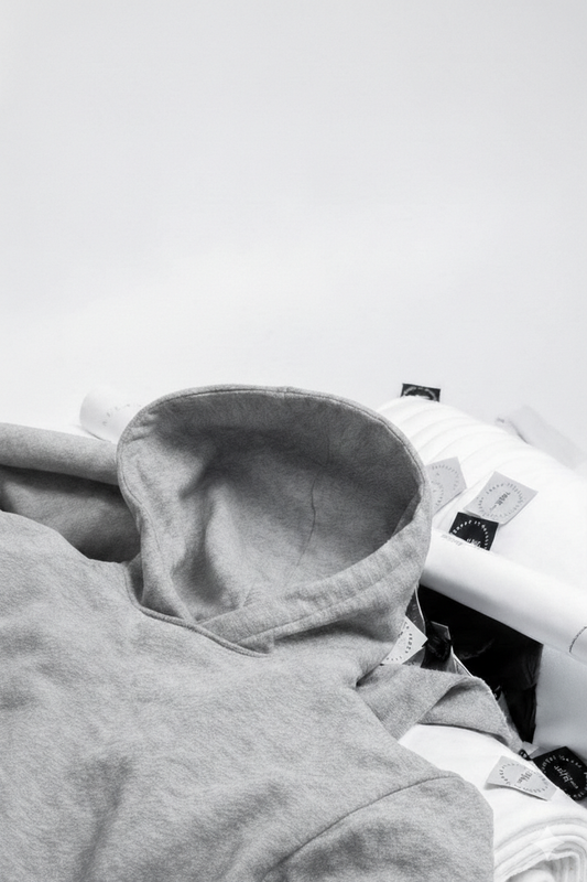 A grey hoodie with laid flat on a white surface with brand tags around it