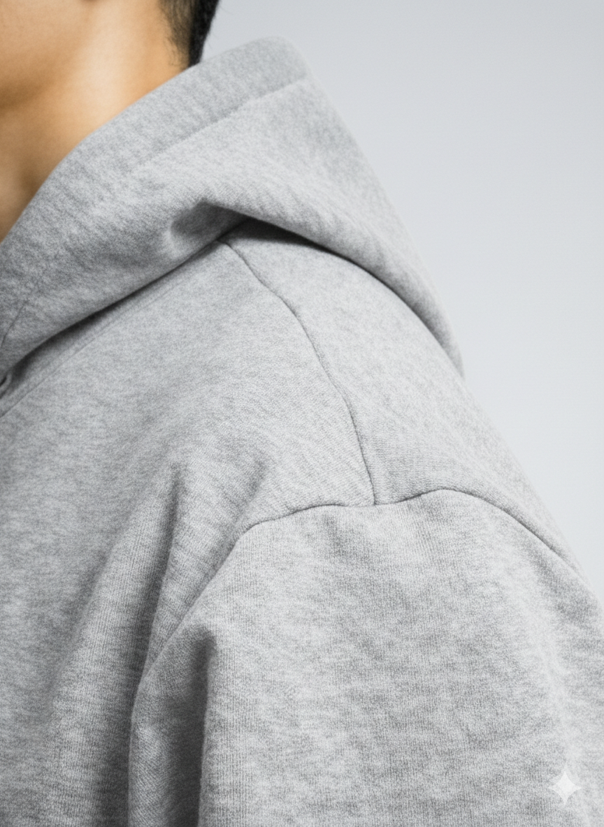 Close-up of a grey hoodie with a blurred background