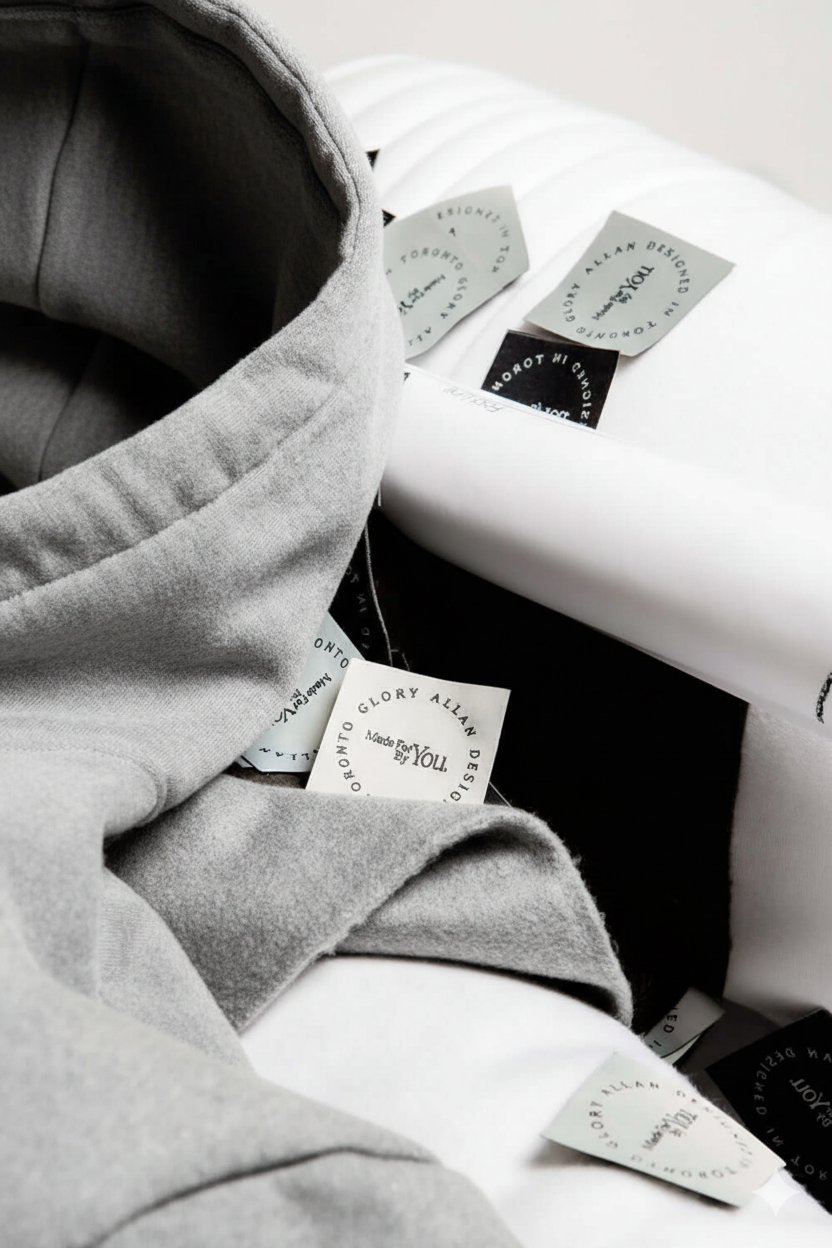 Grey hoodie with brand labels on a white background
