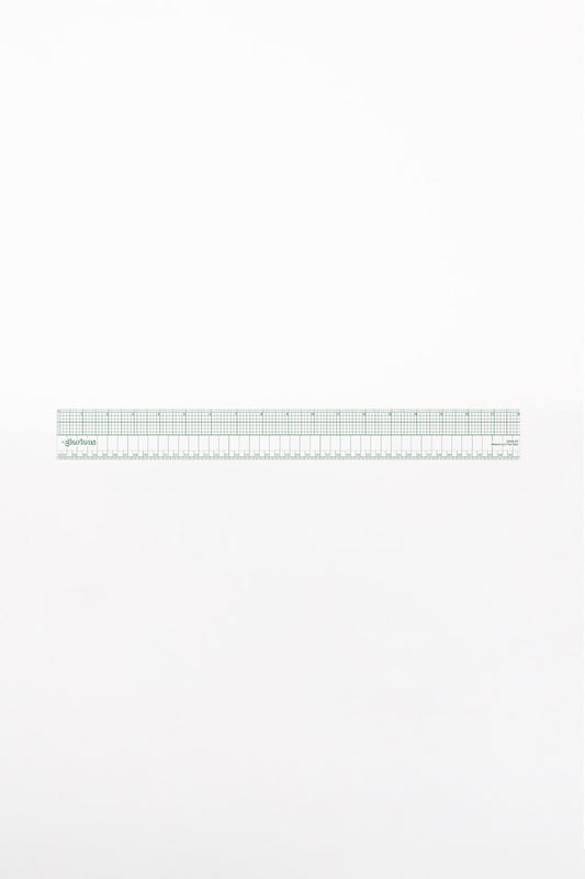 18" transparent ruler with imperial and metric unit markings in a fern green color.